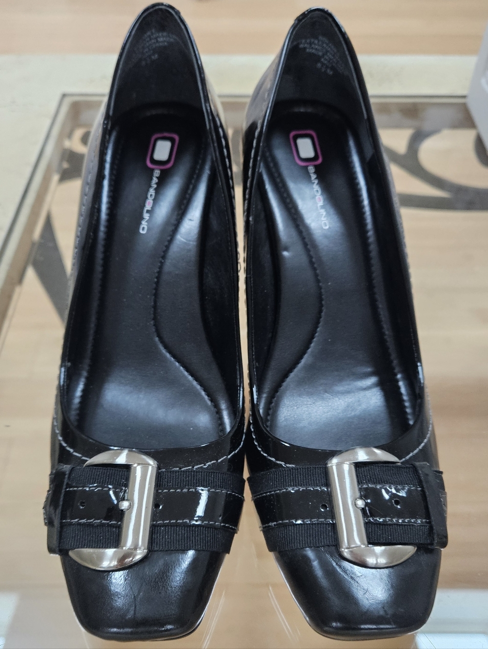 Bandolino Black Patent Pumps with Silver Buckles